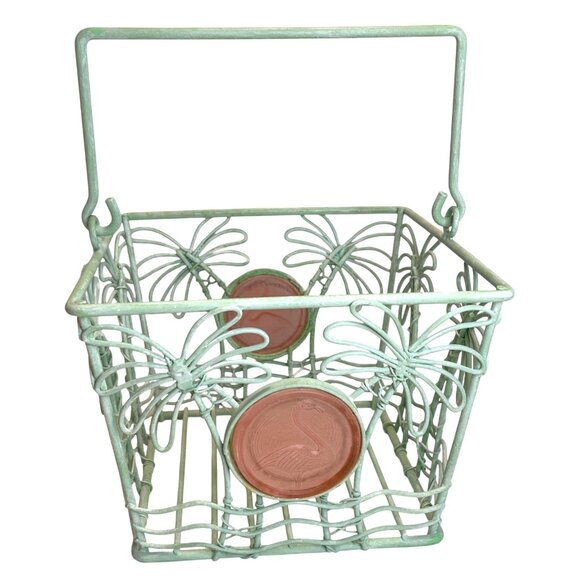 Vintage Teal Green Metal Palm Tree Pink Flamingo Medallion Wrought Iron Basket - Picture 1 of 8